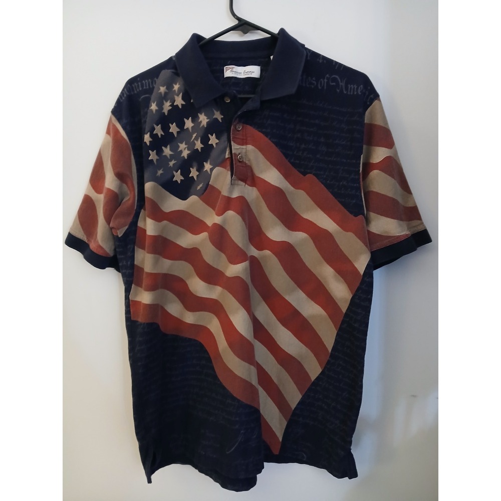 American Summer Mens Flag Declaration of Independence Polo Shirt Navy Large Vtg